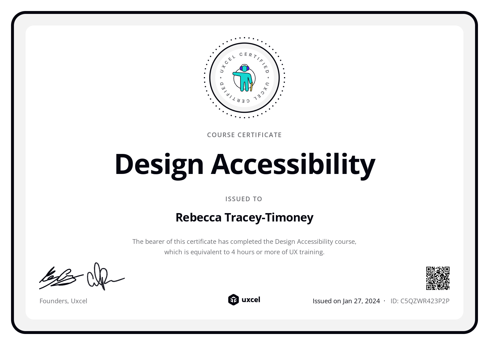 Rebecca Tracey-Timoney's certificate